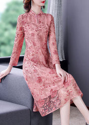 Chinese Style Pink Embroideried Lace Slim Fit Dresses Spring