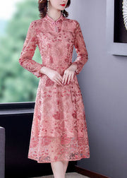 Chinese Style Pink Embroideried Lace Slim Fit Dresses Spring