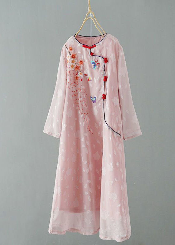 Chinese Style Pink Embroideried Patchwork Chiffon Dress Spring