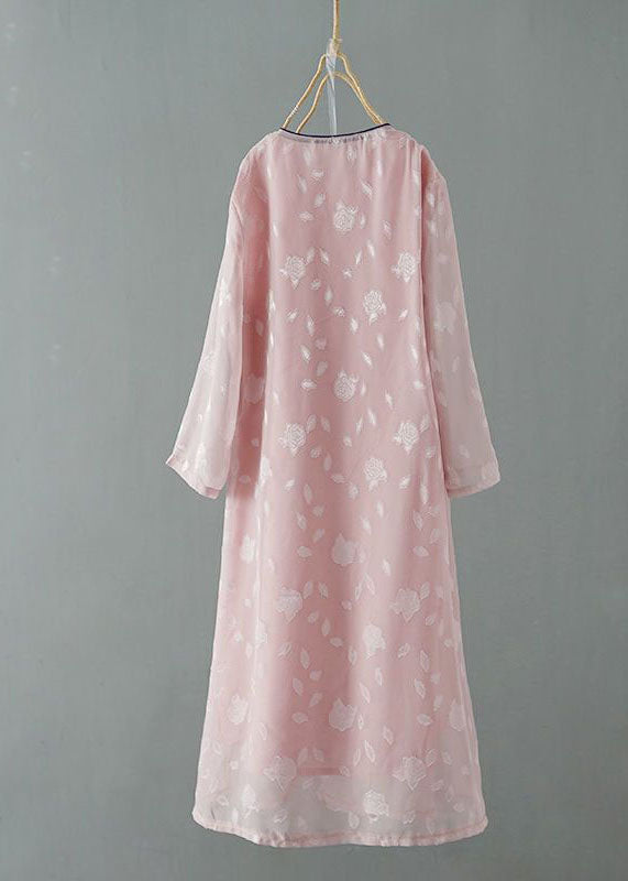 Chinese Style Pink Embroideried Patchwork Chiffon Dress Spring