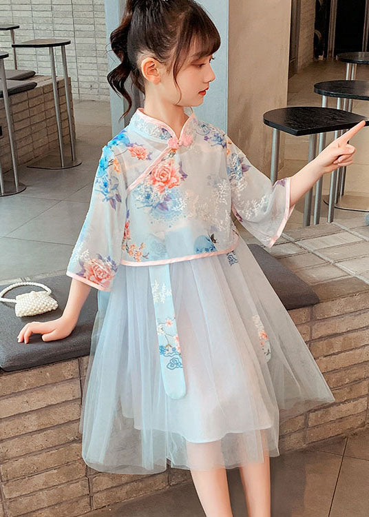 Chinese Style Pink Embroideried Patchwork Chiffon Kids Girls Dress Summer