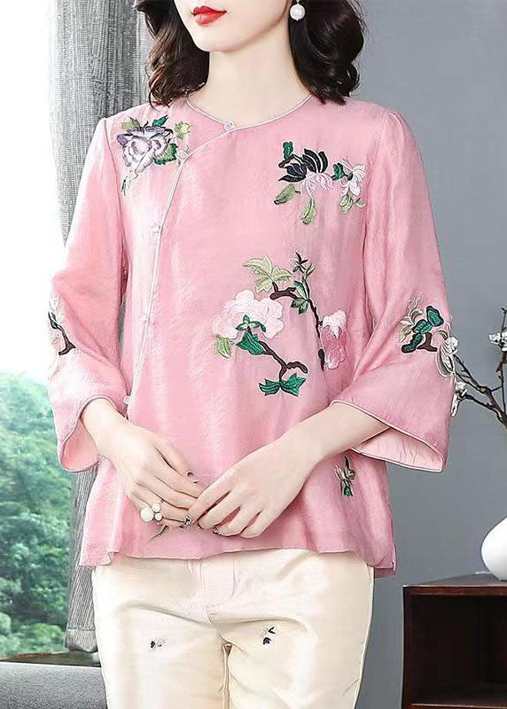 Chinese Style Pink Embroideried Patchwork Chiffon Tops Spring