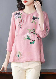 Chinese Style Pink Embroidered Patchwork Chiffon Tops Spring