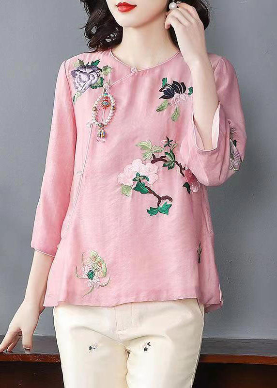 Chinese Style Pink Embroideried Patchwork Chiffon Tops Spring