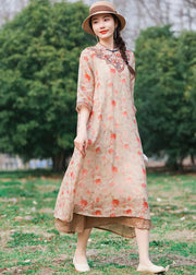 Chinese Style Pink Embroideried Patchwork Linen Long Dress Summer