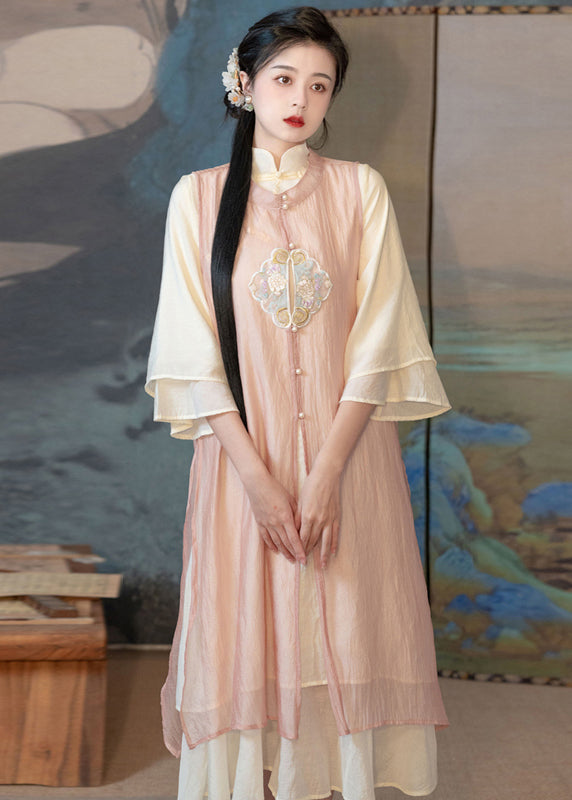 Chinese Style Pink Embroideried Side Open Patchwork Chiffon Two Piece Set Summer