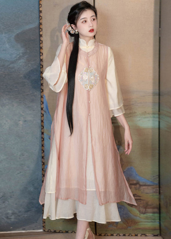 Chinese Style Pink Embroideried Side Open Patchwork Chiffon Two Piece Set Summer