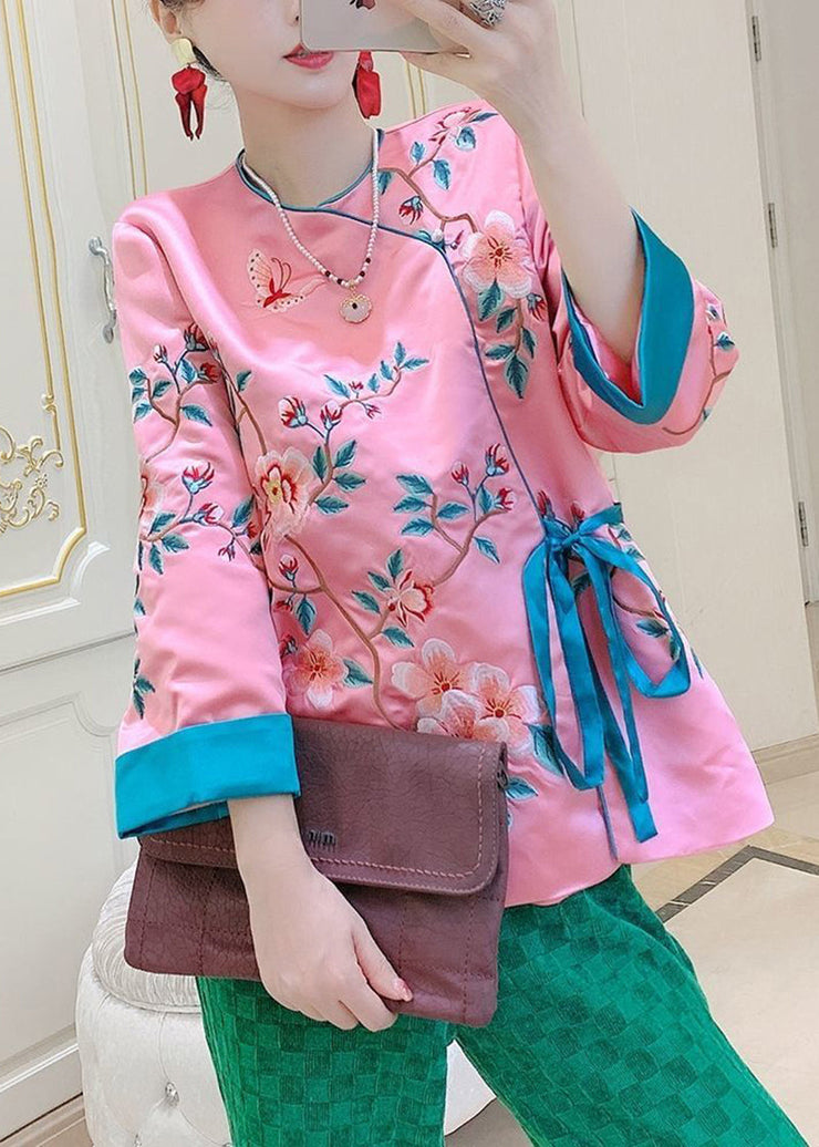 Chinese Style Pink Embroideried Tie Waist Silk Shirt Tops Spring