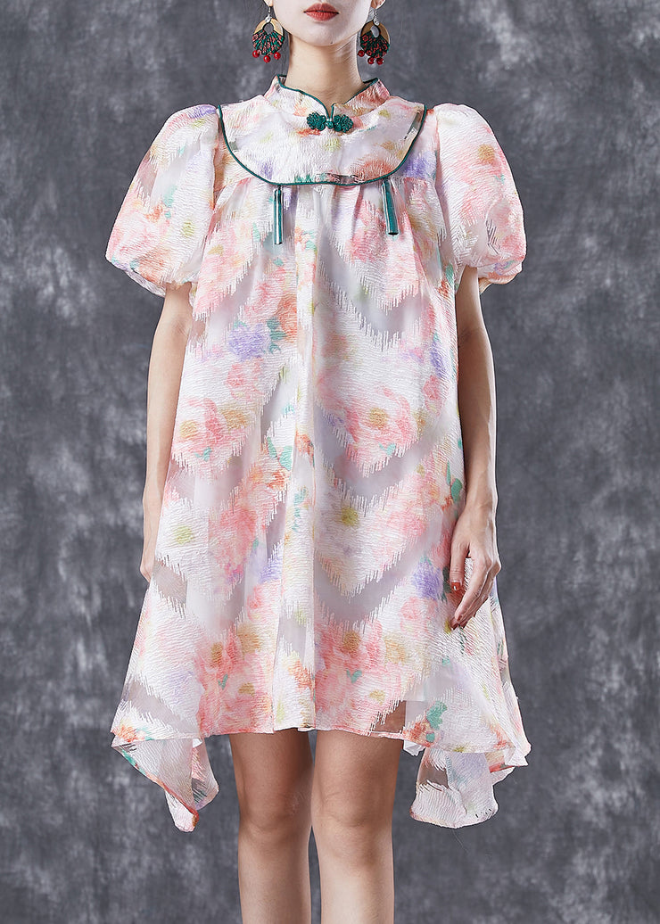 Chinese Style Pink Mandarin Collar Print Silk A Line Dress Puff Sleeve