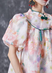 Chinese Style Pink Mandarin Collar Print Silk A Line Dress Puff Sleeve