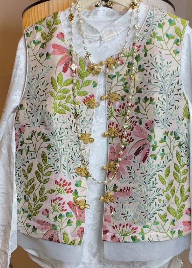 Chinese Style Pink O Neck Embroideried Patchwork Silk Vest Sleeveless