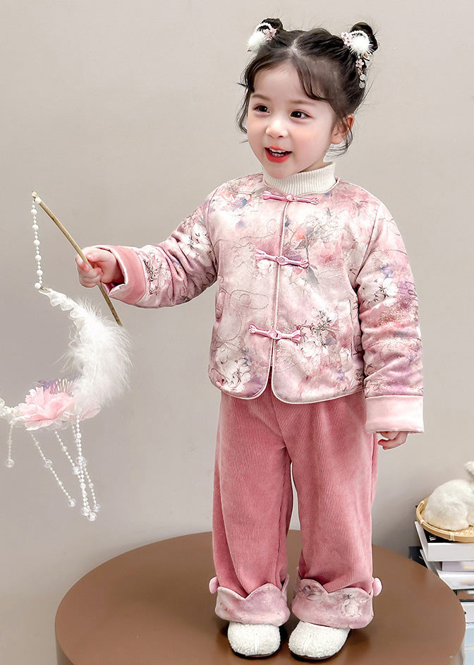 Chinese Style Pink O-Neck Patchwork Button Girls Thick Parka And Pants Two Piece Set Winter