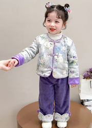 Chinese Style Pink O-Neck Patchwork Button Girls Thick Parka And Pants Two Piece Set Winter