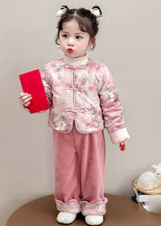 Chinese Style Pink O-Neck Patchwork Button Girls Thick Parka And Pants Two Piece Set Winter