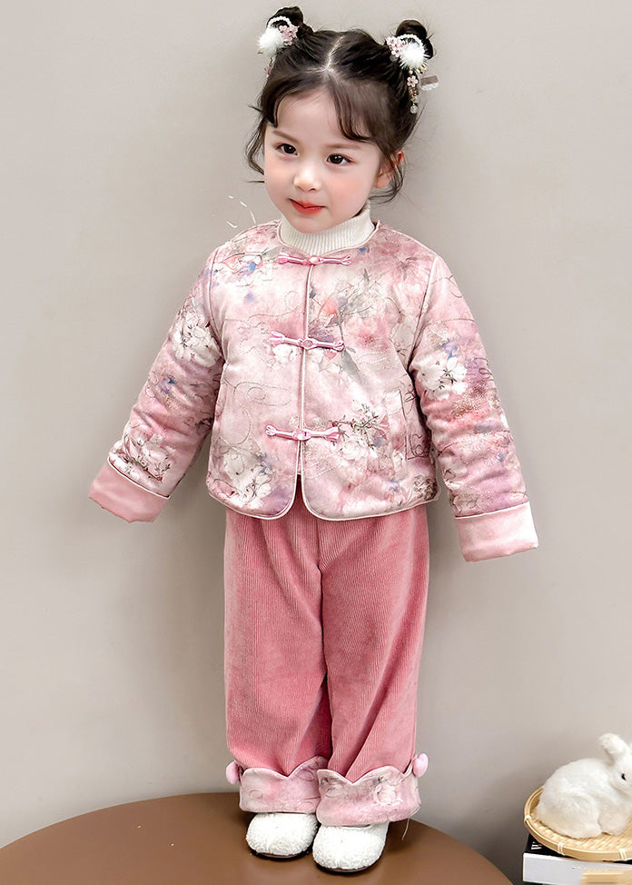 Chinese Style Pink O-Neck Patchwork Button Girls Thick Parka And Pants Two Piece Set Winter