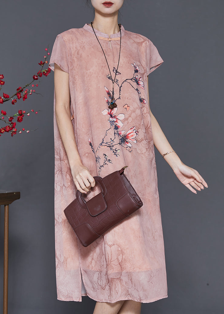 Chinese Style Pink Print Chiffon Cheongsam Dress Summer