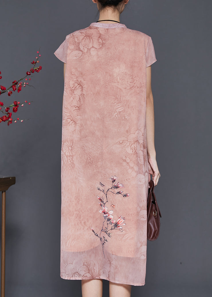 Chinese Style Pink Print Chiffon Cheongsam Dress Summer
