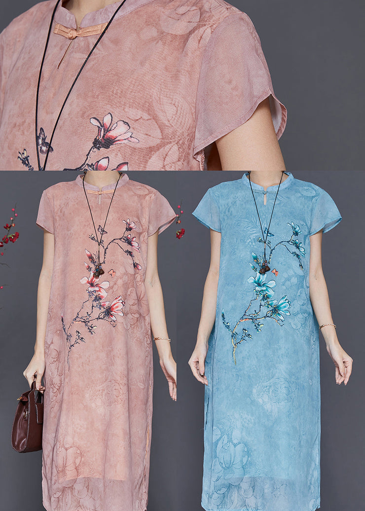 Chinese Style Pink Print Chiffon Cheongsam Dress Summer