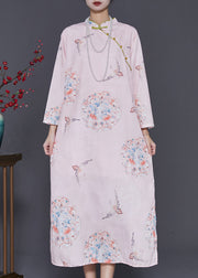 Chinese Style Pink Print Linen Dresses Cheongsam Summer