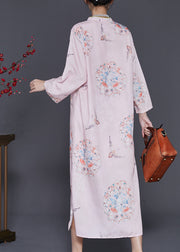 Chinese Style Pink Print Linen Dresses Cheongsam Summer