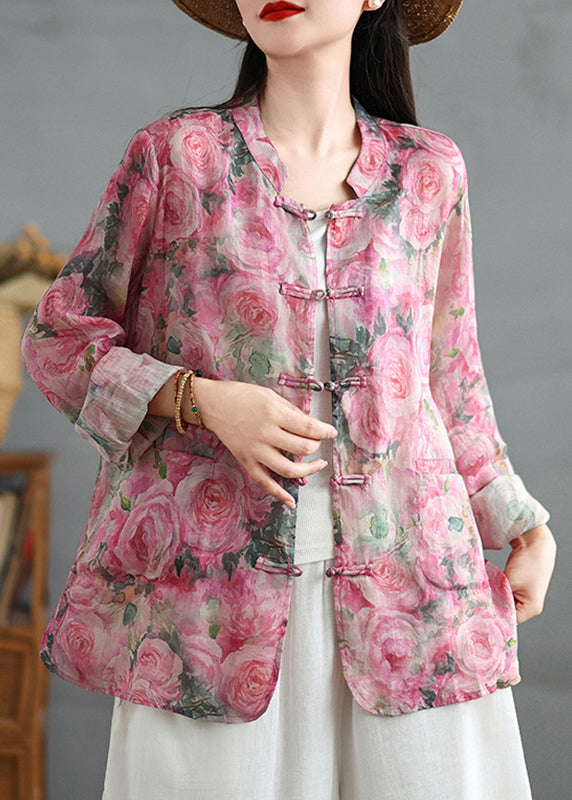 Chinese Style Pink Print Oriental Button Linen Shirts Coat Fall