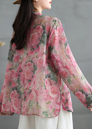 Chinese Style Pink Print Oriental Button Linen Shirts Coat Fall