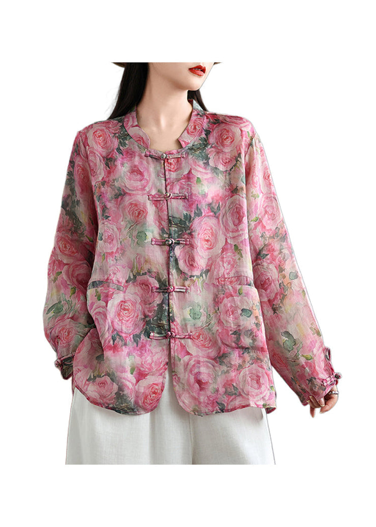 Chinese Style Pink Print Oriental Button Linen Shirts Coat Fall