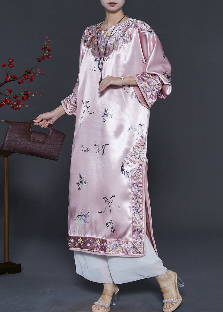 Chinese Style Pink Print Side Open Silk Cheongsam Dress Spring