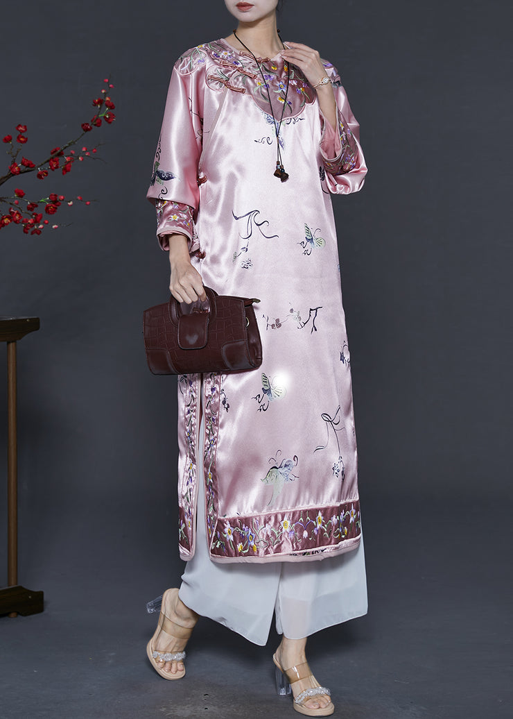 Chinese Style Pink Print Side Open Silk Cheongsam Dress Spring