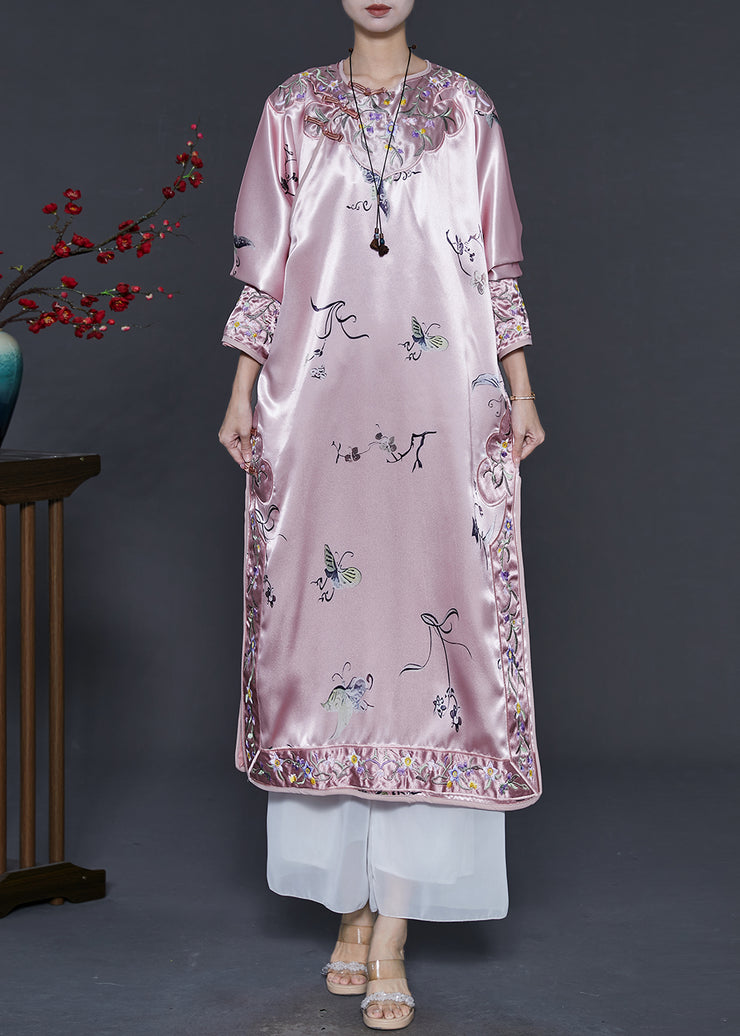 Chinese Style Pink Print Side Open Silk Cheongsam Dress Spring