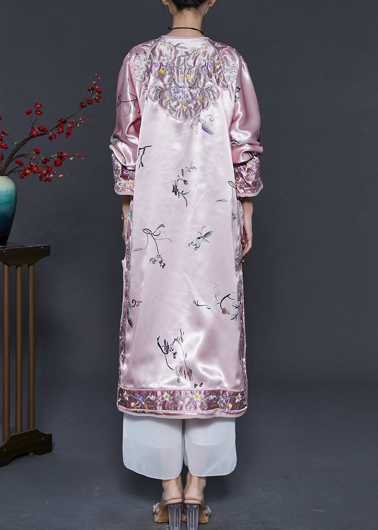 Chinese Style Pink Print Side Open Silk Cheongsam Dress Spring