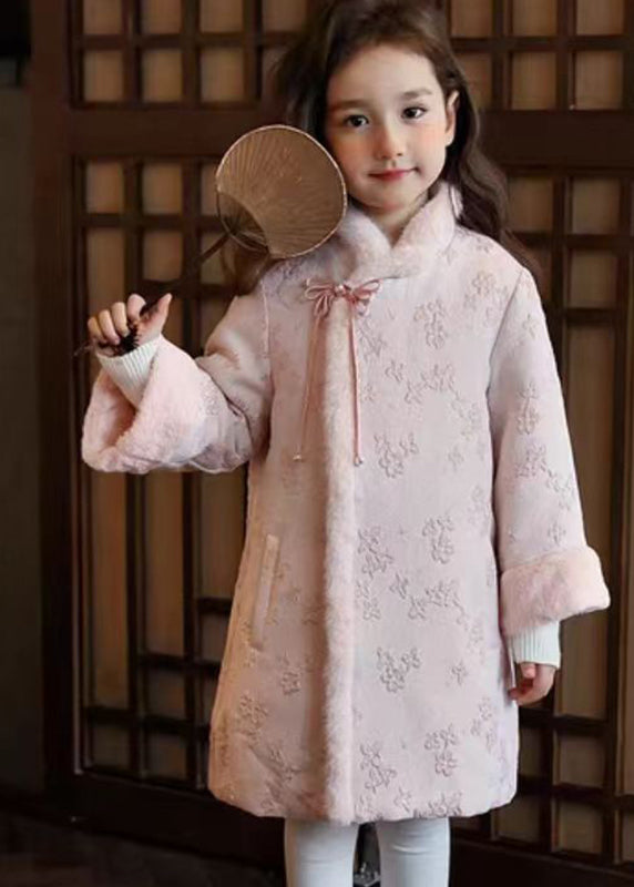 Chinese Style Pink Stand Collar Bow Print Kids Girls Maxi Parka Spring