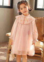 Chinese Style Pink Stand Collar Embroideried Girls Long Dresses Lantern Sleeve