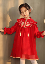 Chinese Style Pink Stand Collar Embroideried Girls Long Dresses Lantern Sleeve