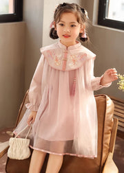 Chinese Style Pink Stand Collar Embroideried Girls Long Dresses Lantern Sleeve