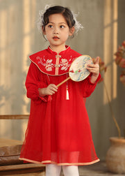 Chinese Style Pink Stand Collar Embroideried Girls Long Dresses Lantern Sleeve