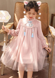 Chinese Style Pink Stand Collar Embroideried Girls Long Dresses Lantern Sleeve