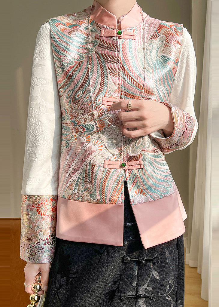 Chinese Style Pink Stand Collar Embroideried Silk Vest Sleeveless