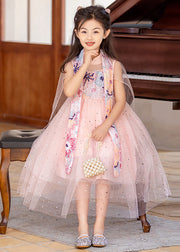 Chinese Style Pink Stand Collar Embroideried Tulle Girls Maxi Dresses Summer