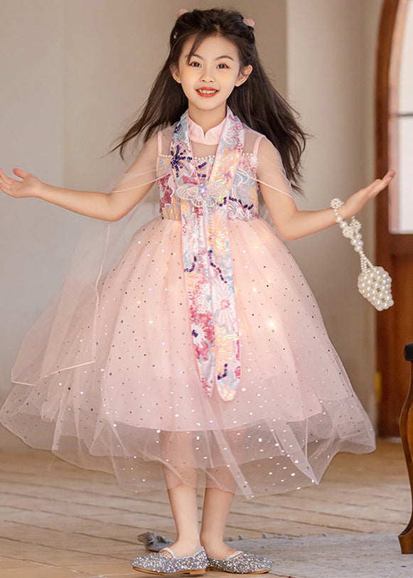 Chinese Style Pink Stand Collar Embroideried Tulle Girls Maxi Dresses Summer