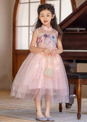 Chinese Style Pink Stand Collar Embroideried Tulle Girls Maxi Dresses Summer