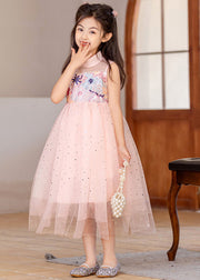 Chinese Style Pink Stand Collar Embroideried Tulle Girls Maxi Dresses Summer