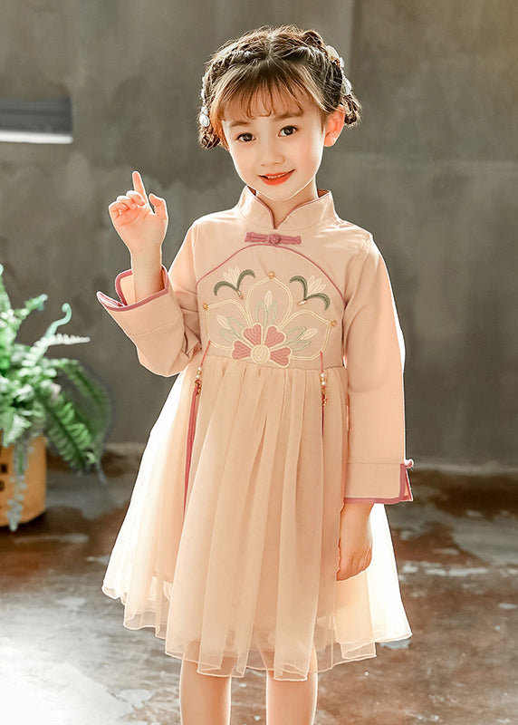 Chinese Style Pink Stand Collar Embroideried Tulle Kids Long Dress Spring