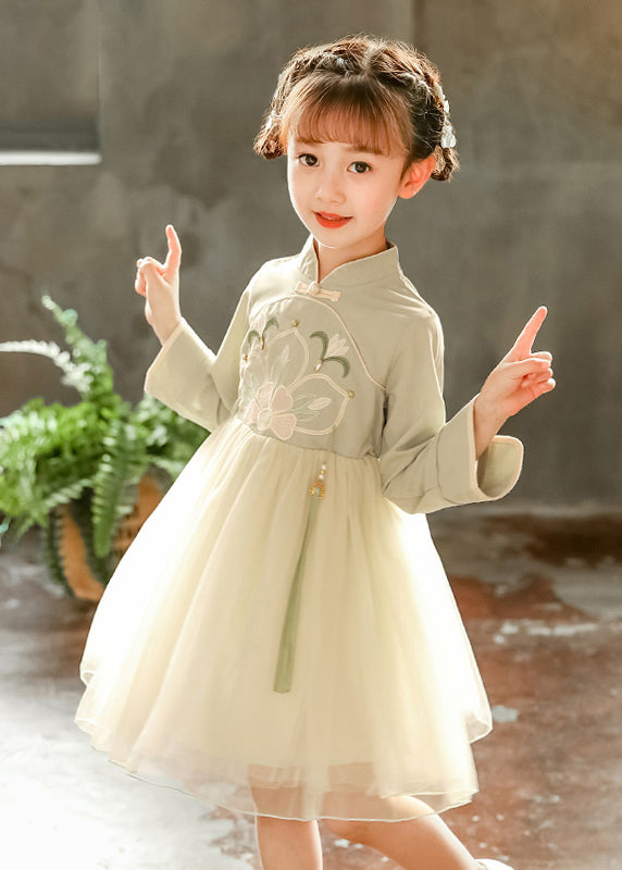 Chinese Style Pink Stand Collar Embroideried Tulle Kids Long Dress Spring