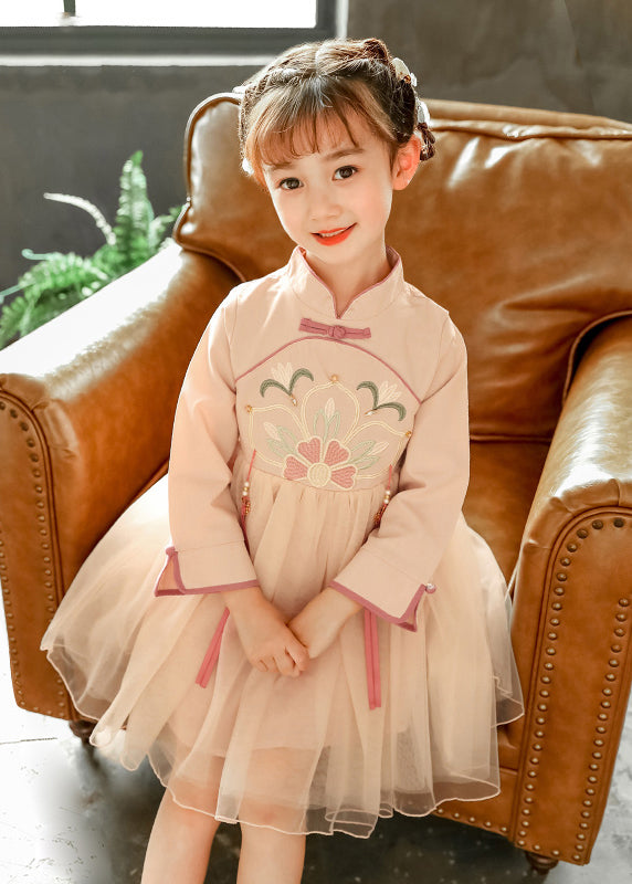 Chinese Style Pink Stand Collar Embroideried Tulle Kids Long Dress Spring