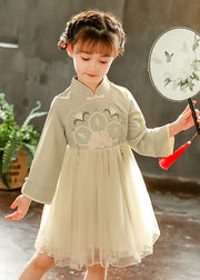 Chinese Style Pink Stand Collar Embroideried Tulle Kids Long Dress Spring