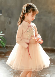 Chinese Style Pink Stand Collar Embroideried Tulle Kids Long Dress Spring