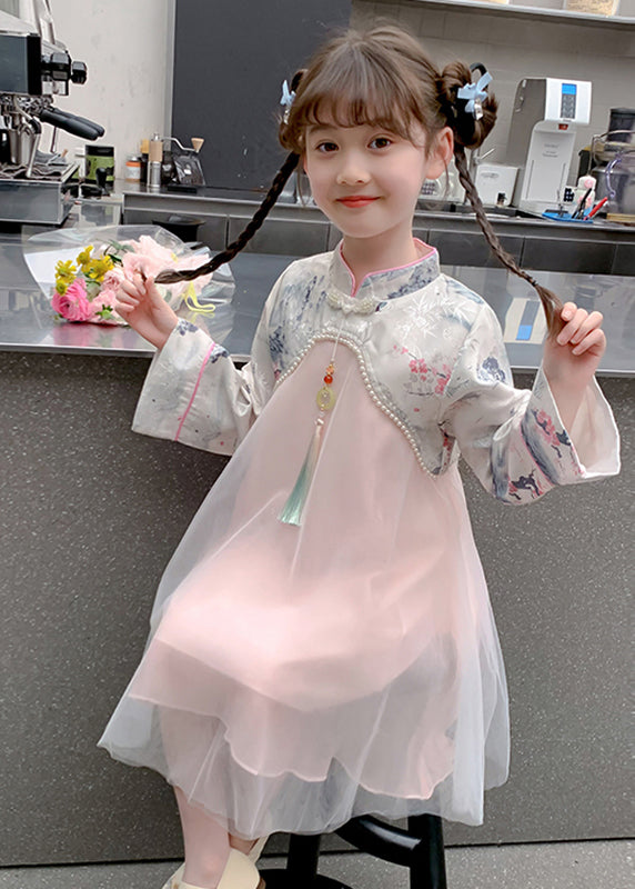 Chinese Style Pink Stand Collar Nail Bead Tulle Kids Maxi Dress Spring