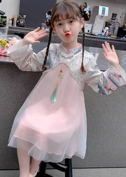 Chinese Style Pink Stand Collar Nail Bead Tulle Kids Maxi Dress Spring