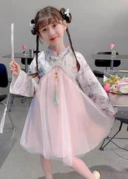 Chinese Style Pink Stand Collar Nail Bead Tulle Kids Maxi Dress Spring